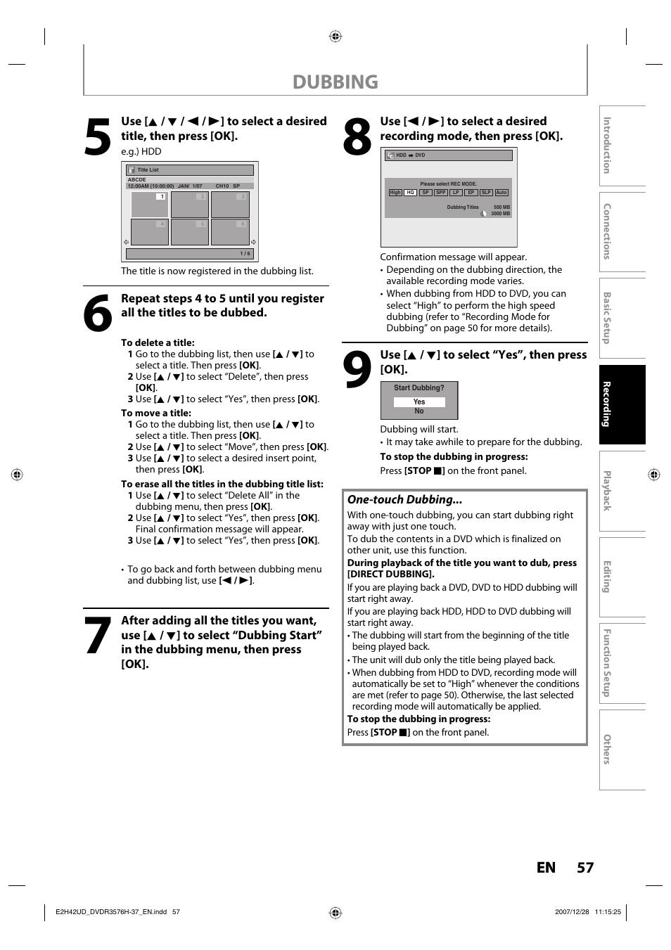 Dubbing, 57 en | Philips DVDR3576H-37B User Manual | Page 57 / 124