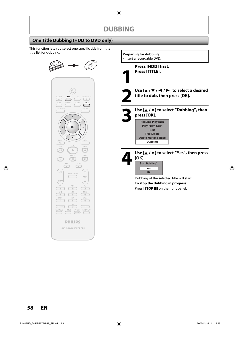 Dubbing | Philips DVDR3576H-37B User Manual | Page 58 / 124