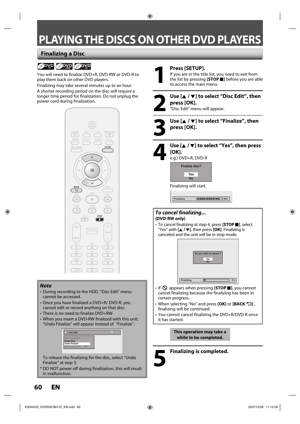 Playing the discs on other dvd players | Philips DVDR3576H-37B User Manual | Page 60 / 124