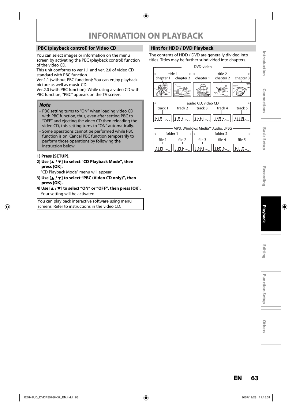 Information on playback, 63 en | Philips DVDR3576H-37B User Manual | Page 63 / 124