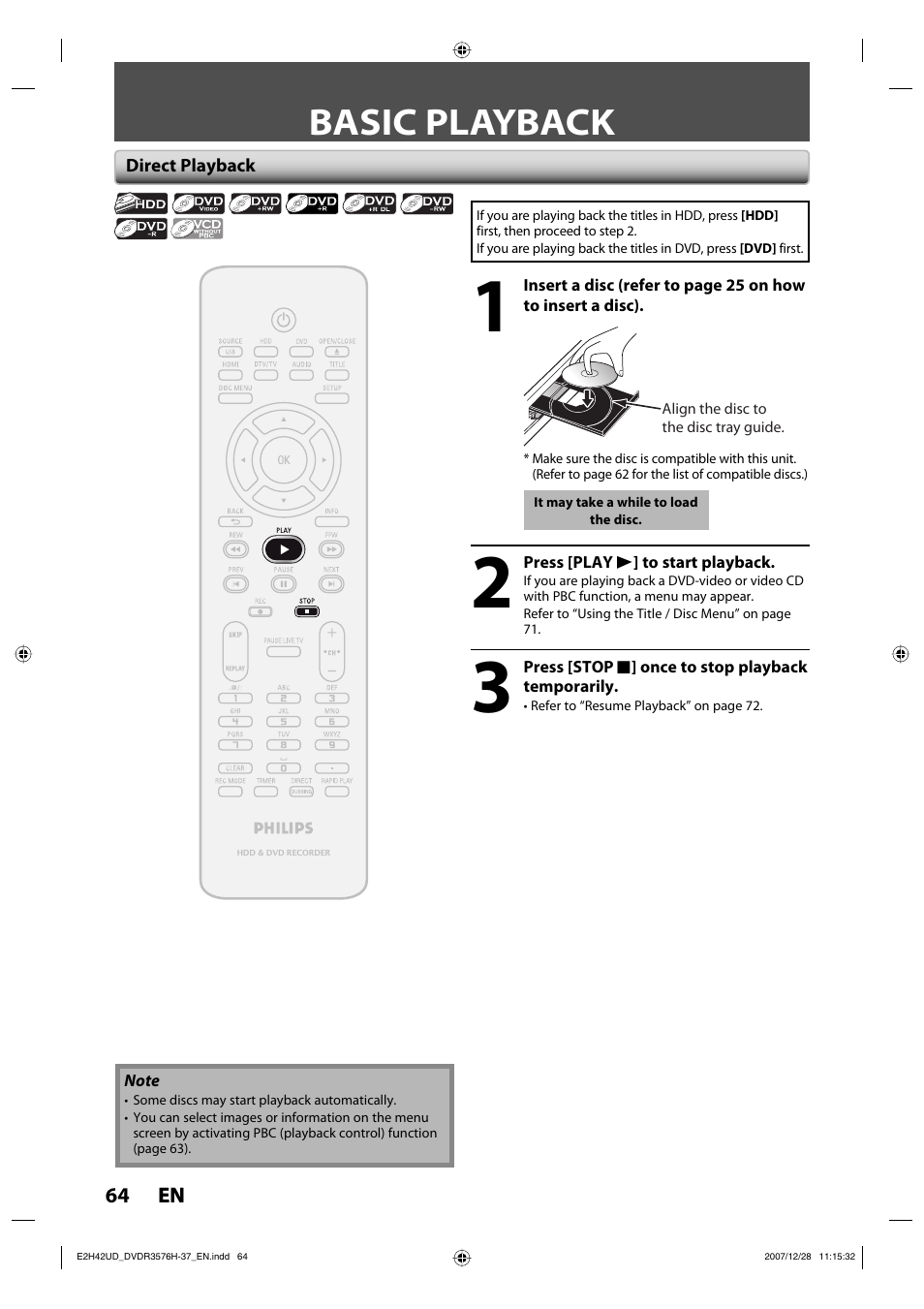 Basic playback | Philips DVDR3576H-37B User Manual | Page 64 / 124