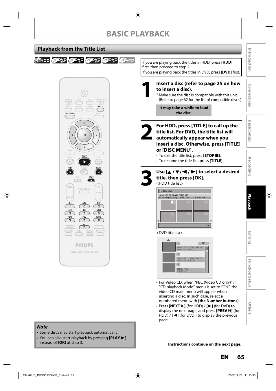 Basic playback, 65 en | Philips DVDR3576H-37B User Manual | Page 65 / 124