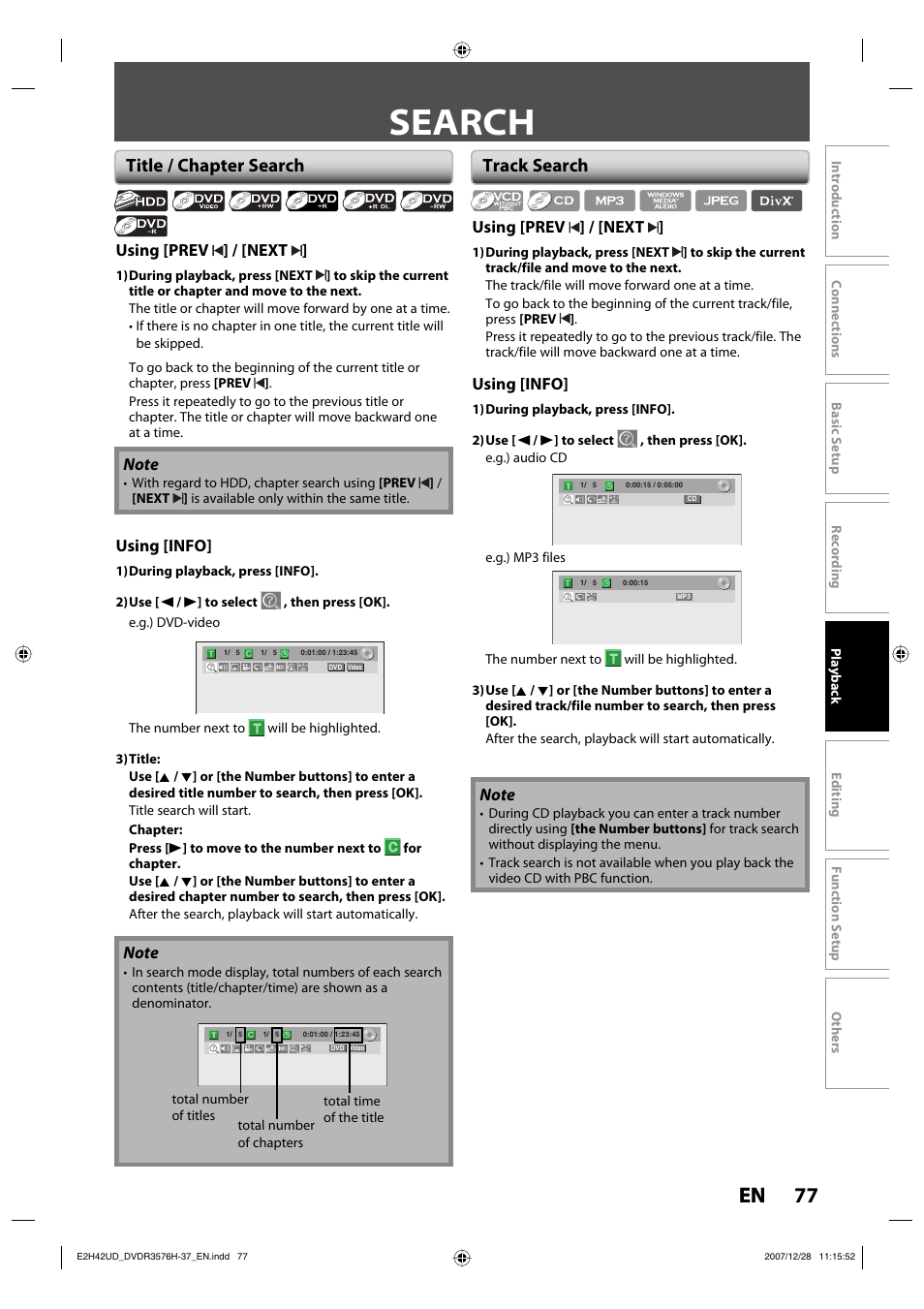 Search, 77 en, Title / chapter search | Track search | Philips DVDR3576H-37B User Manual | Page 77 / 124
