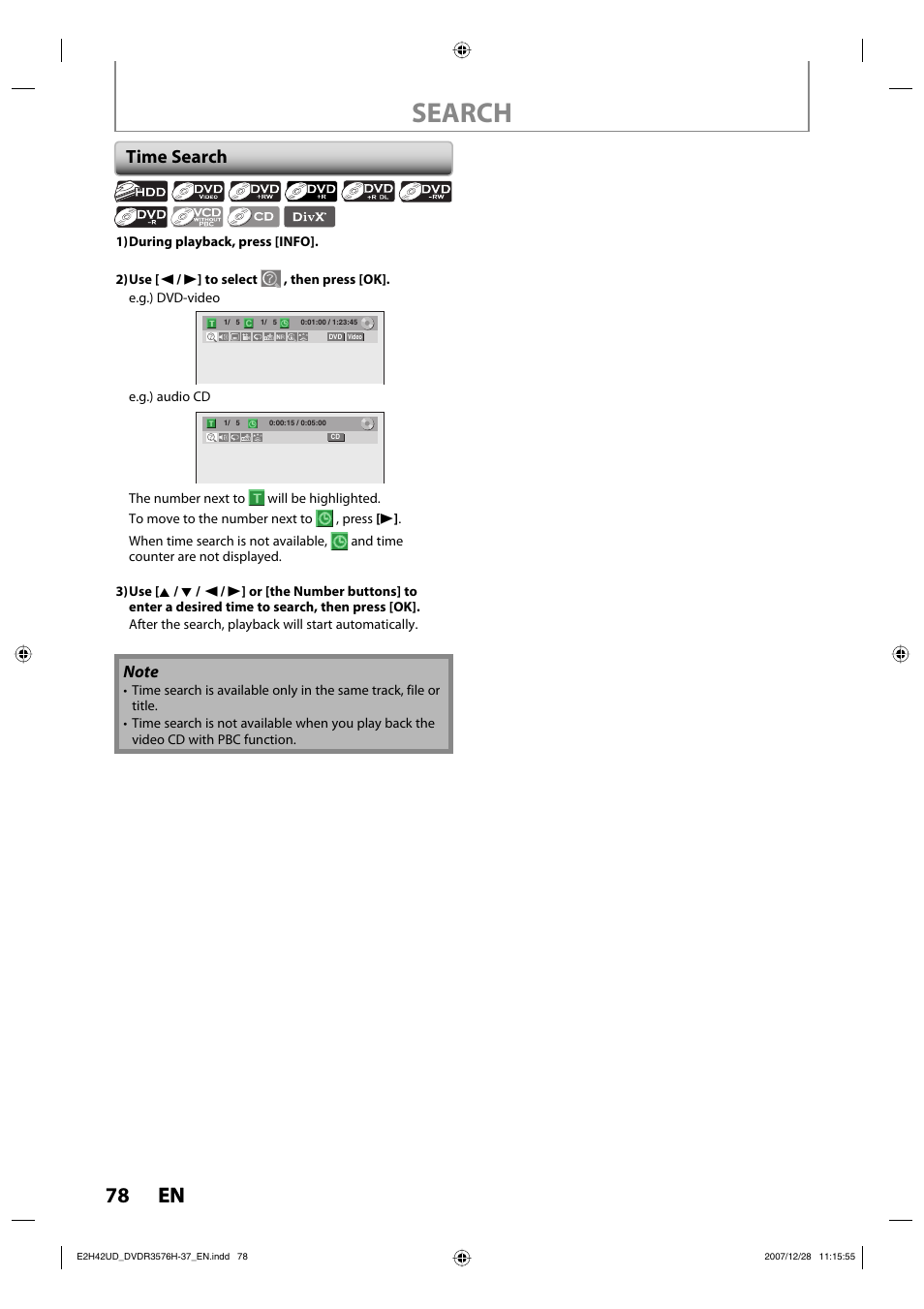 Search, 78 en 78 en, Time search | Philips DVDR3576H-37B User Manual | Page 78 / 124