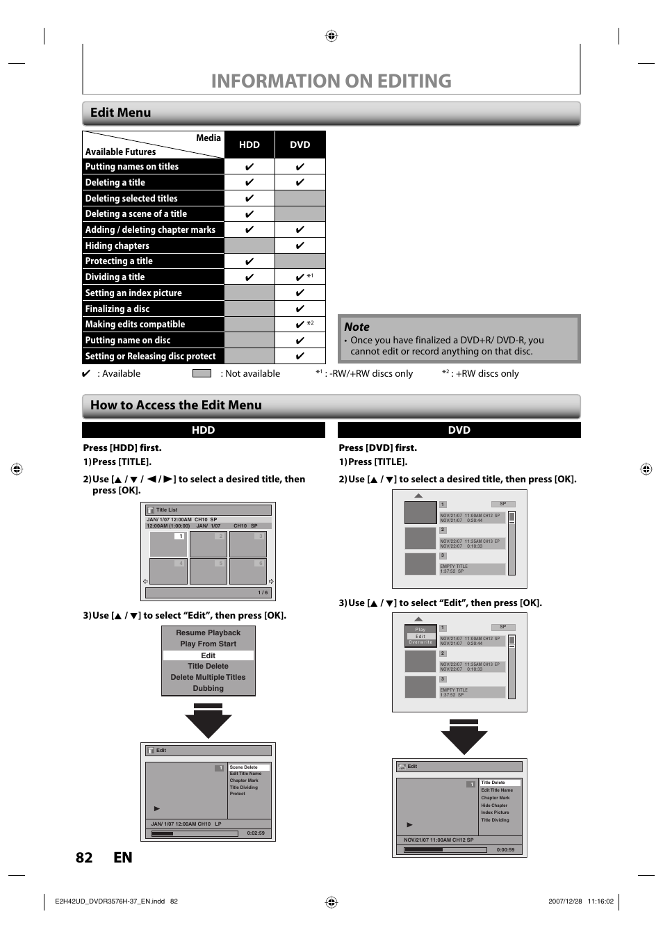 Information on editing, 82 en 82 en, Edit menu | How to access the edit menu, Dvd hdd | Philips DVDR3576H-37B User Manual | Page 82 / 124