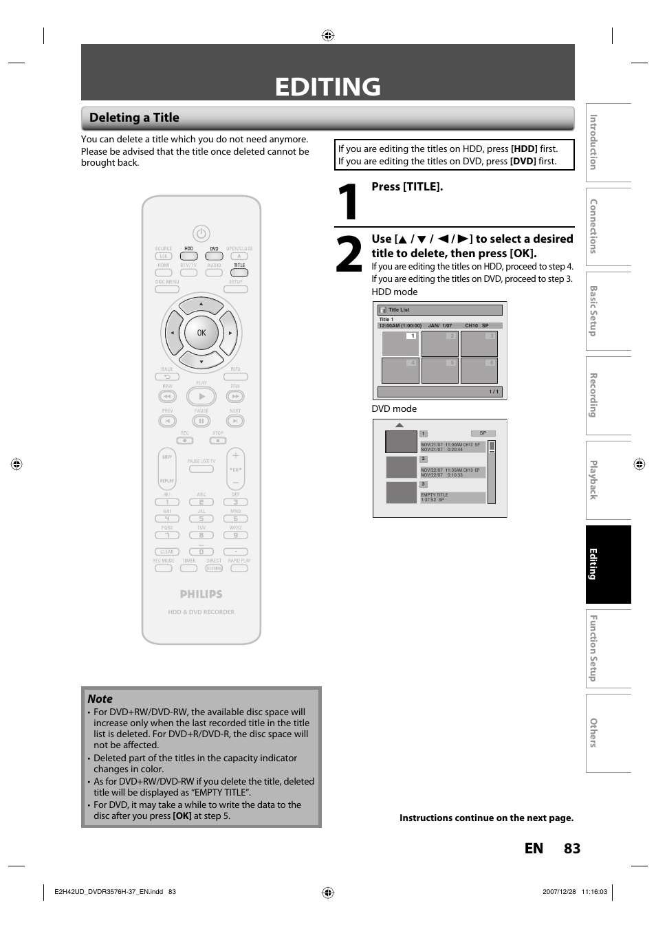 Editing, 83 en, Deleting a title | Philips DVDR3576H-37B User Manual | Page 83 / 124