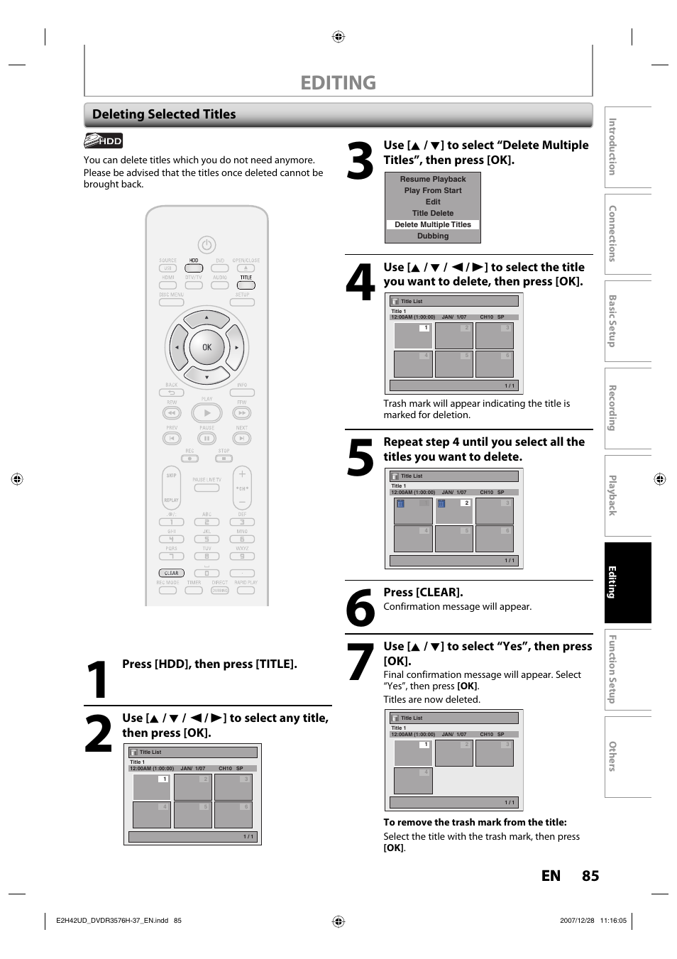 Editing, 85 en | Philips DVDR3576H-37B User Manual | Page 85 / 124