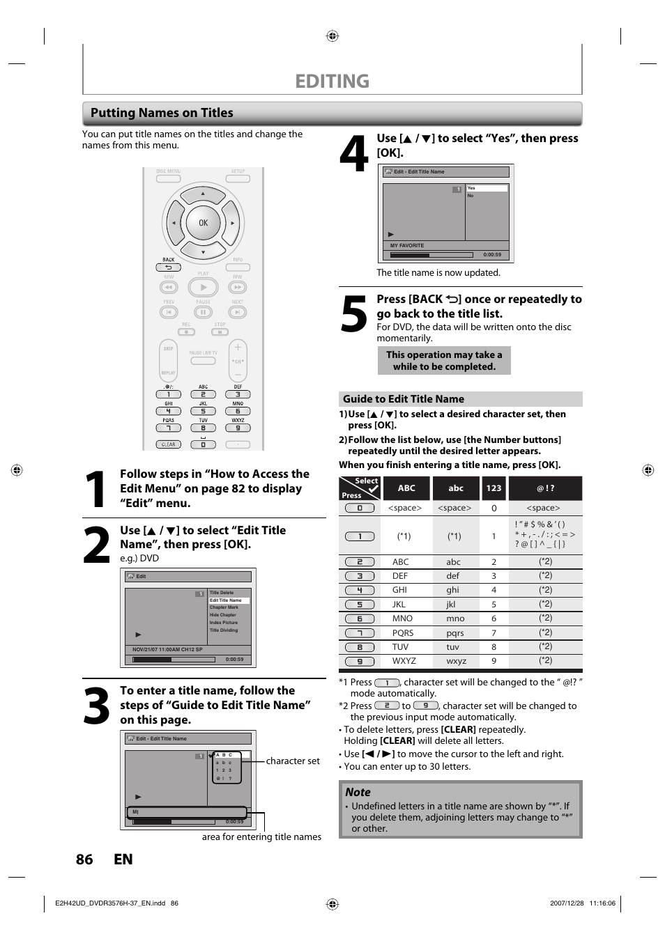 Editing, 86 en 86 en, Putting names on titles | Philips DVDR3576H-37B User Manual | Page 86 / 124