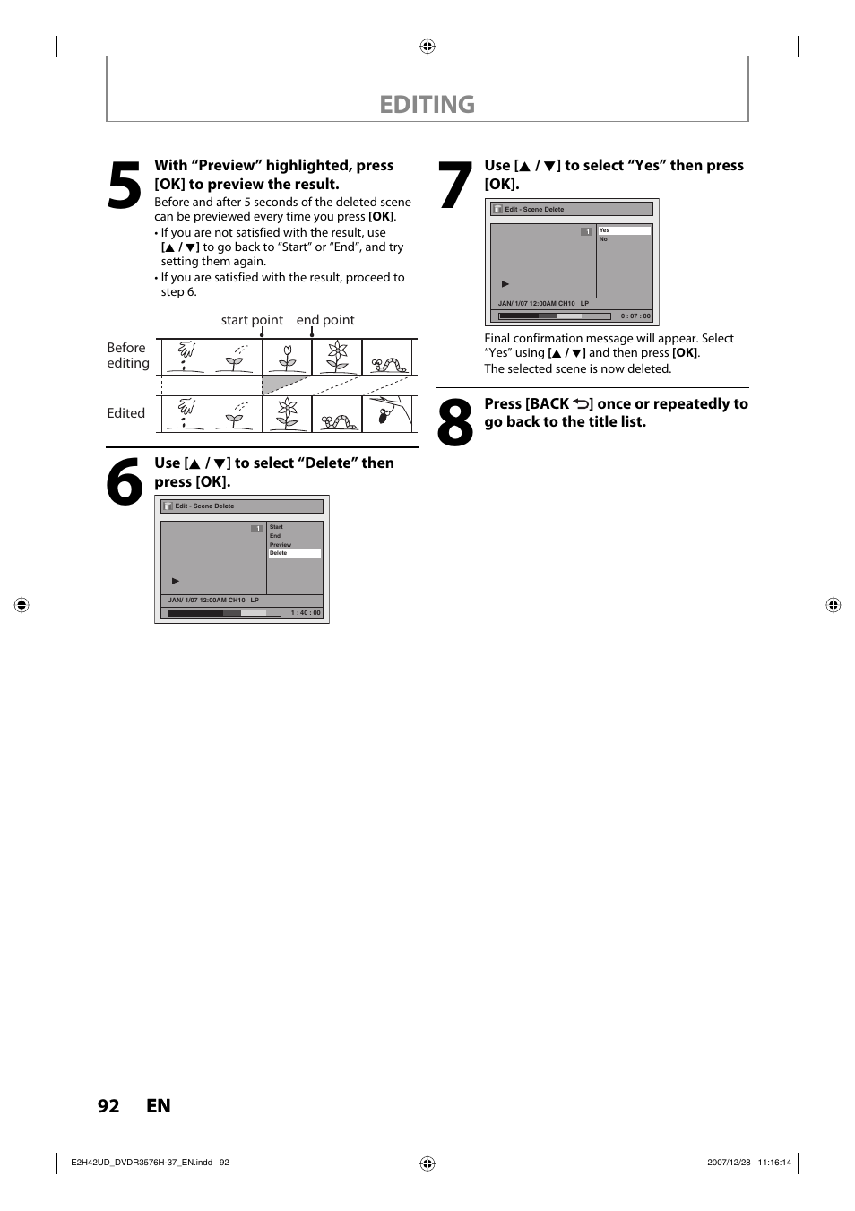 Editing | Philips DVDR3576H-37B User Manual | Page 92 / 124