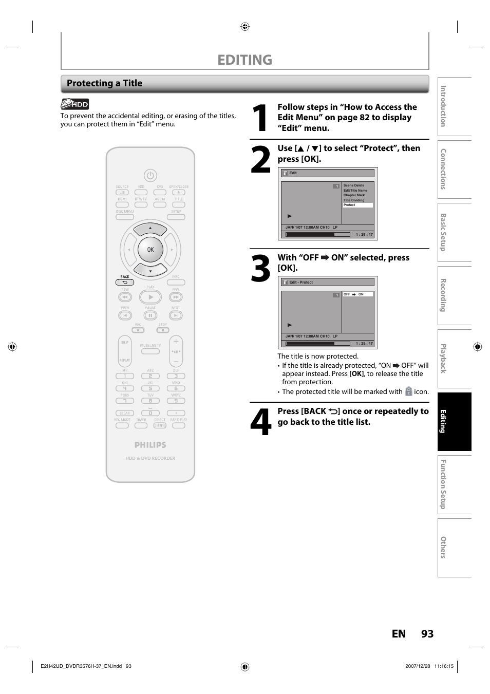 Editing, 93 en | Philips DVDR3576H-37B User Manual | Page 93 / 124