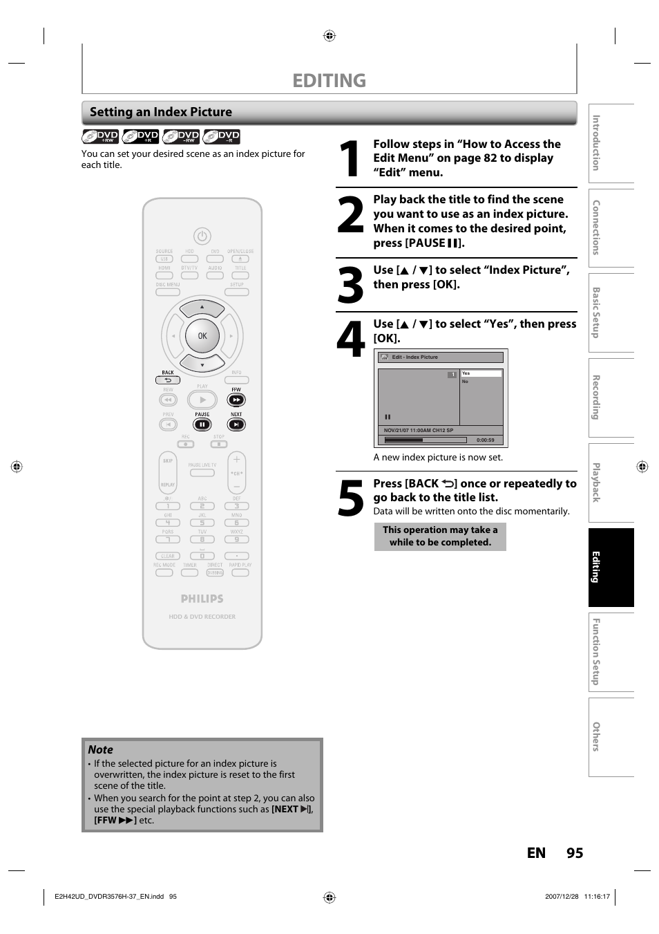 Editing | Philips DVDR3576H-37B User Manual | Page 95 / 124