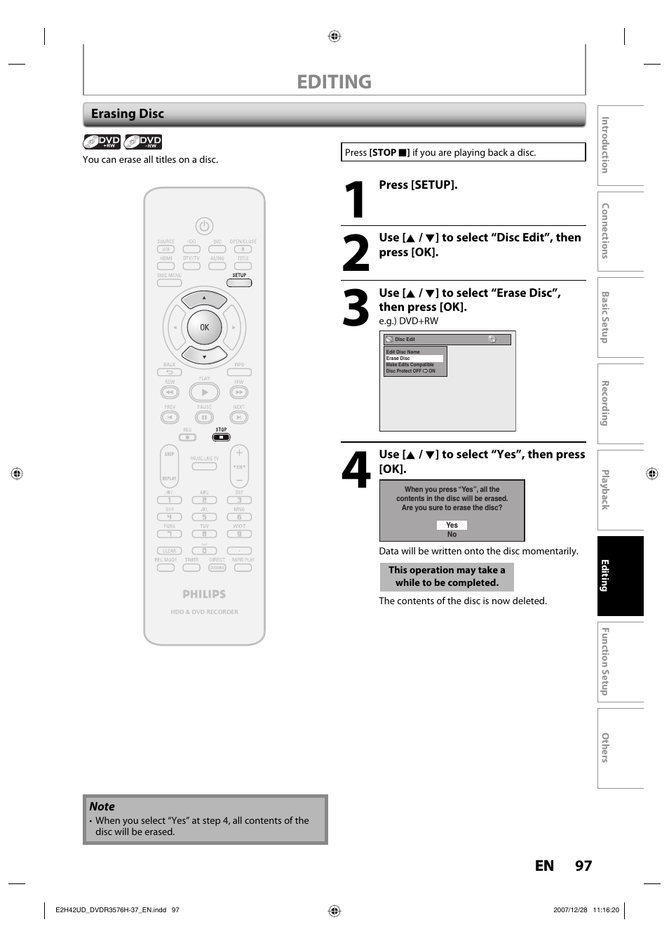 Editing | Philips DVDR3576H-37B User Manual | Page 97 / 124