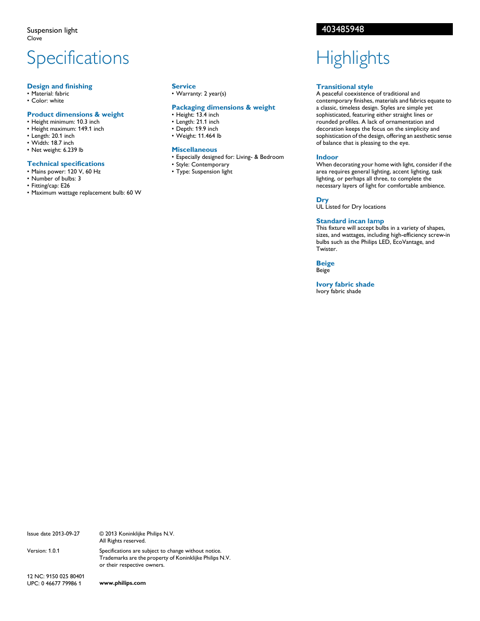 Specifications, Highlights | Philips 403485948 User Manual | Page 2 / 2