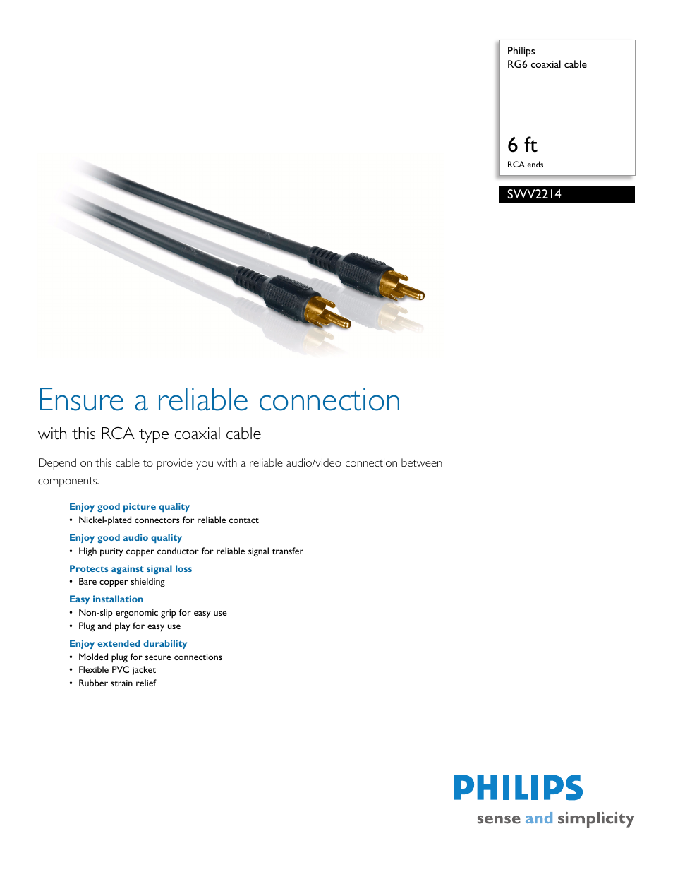 Philips RG6 coaxial cable SWV2214 6 ft RCA ends User Manual | 2 pages