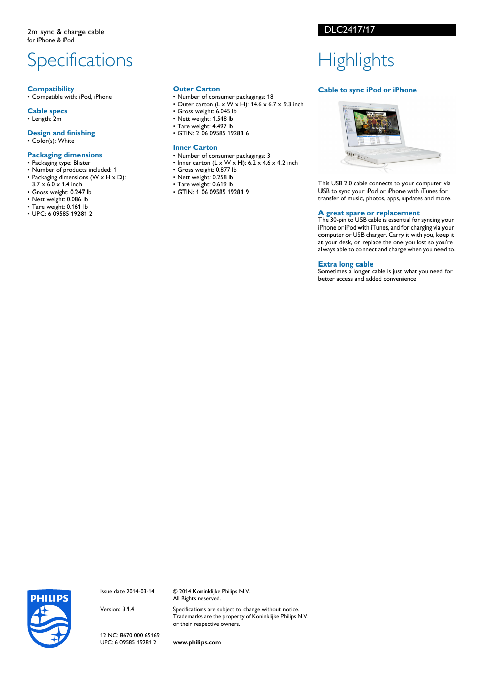 Specifications, Highlights | Philips DLC2417-17 User Manual | Page 2 / 2