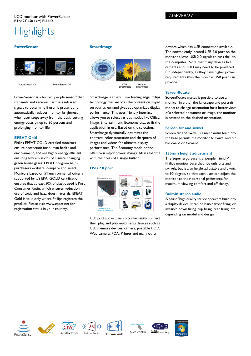 Highlights | Philips 235P2EB-27 User Manual | Page 2 / 3