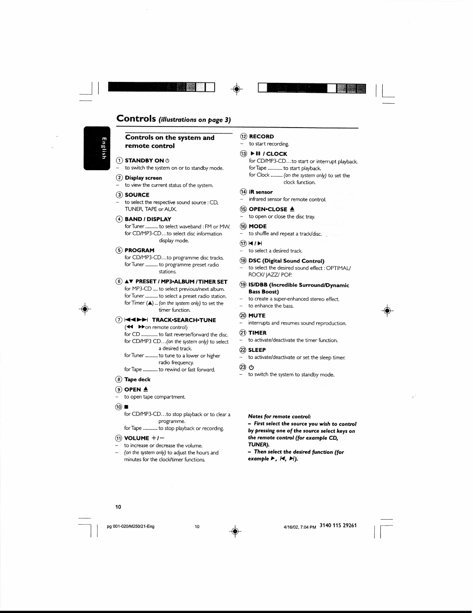 Controls on the system and remote control, Controls on the system and remote, Control | Controls | Philips MCM25037 User Manual | Page 10 / 20