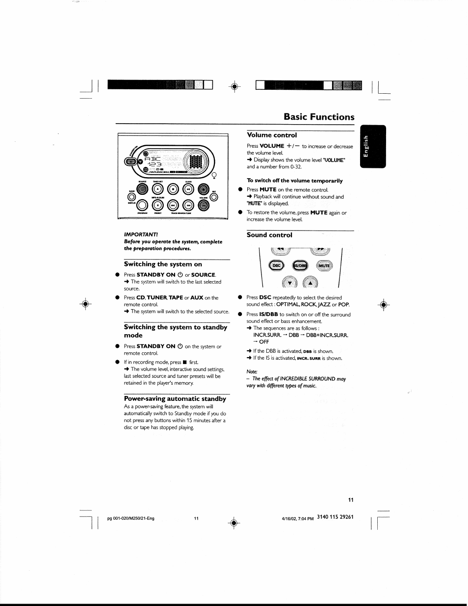 Volume control, Switching the system on, Switching the system to standby mode | Power-saving automatic standby, Sound control, Basic functions | Philips MCM25037 User Manual | Page 11 / 20