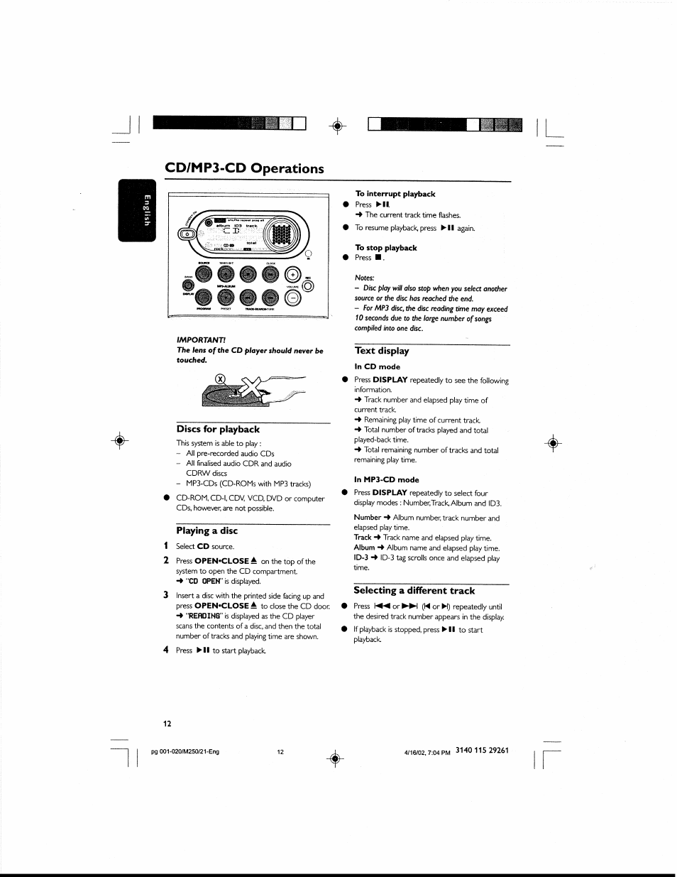 Cd/mp3-cd operations, Discs for playback, Playing a disc | Text display, Selecting a different track | Philips MCM25037 User Manual | Page 12 / 20