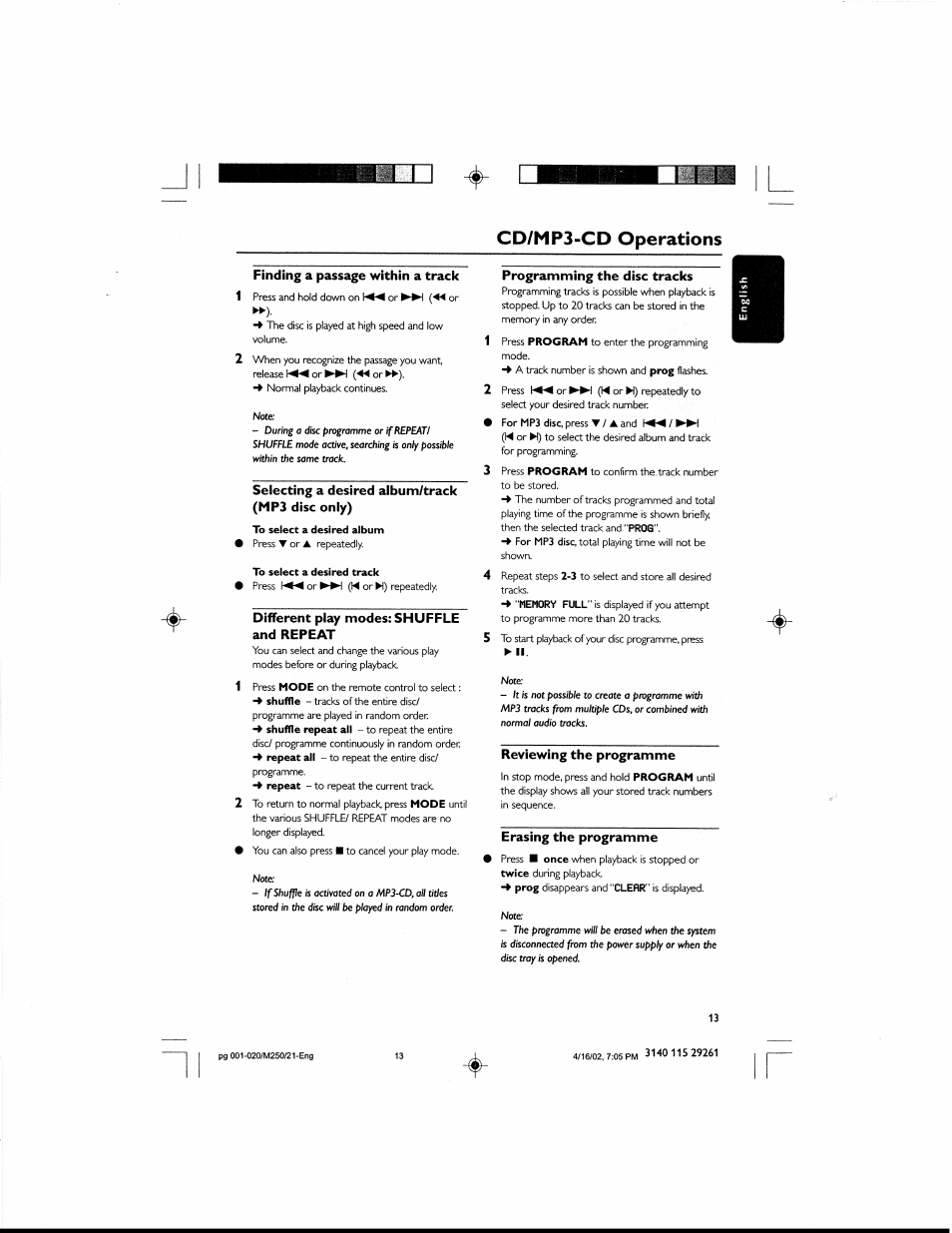 Cd/hp3-cd operations, Finding a passage within a track, Selecting a desired album/track (mp3 disc only) | Different play modes: shuffle and repeat, Programming the disc tracks, Reviewing the programme, Erasing the programme | Philips MCM25037 User Manual | Page 13 / 20