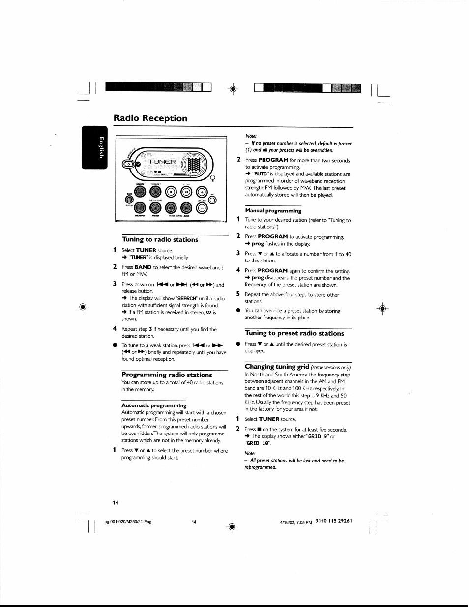 Radio reception, Tuning to radio stations, Programming radio stations | Tuning to preset radio stations, Changing tuning grid | Philips MCM25037 User Manual | Page 14 / 20