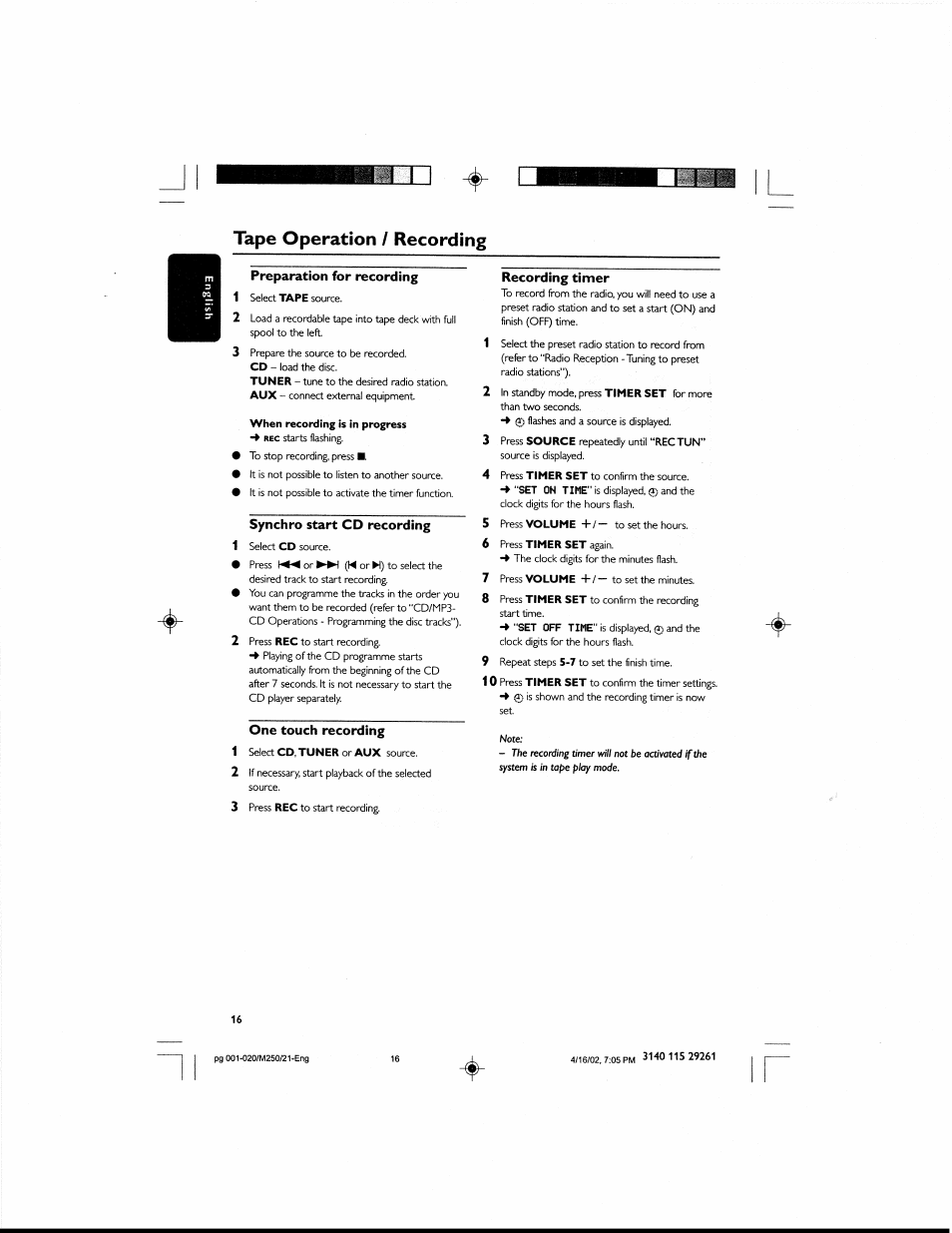 Tape operation / recording, Preparation for recording, Synchro start cd recording | One touch recording, Recording tinner, Recording timer | Philips MCM25037 User Manual | Page 16 / 20