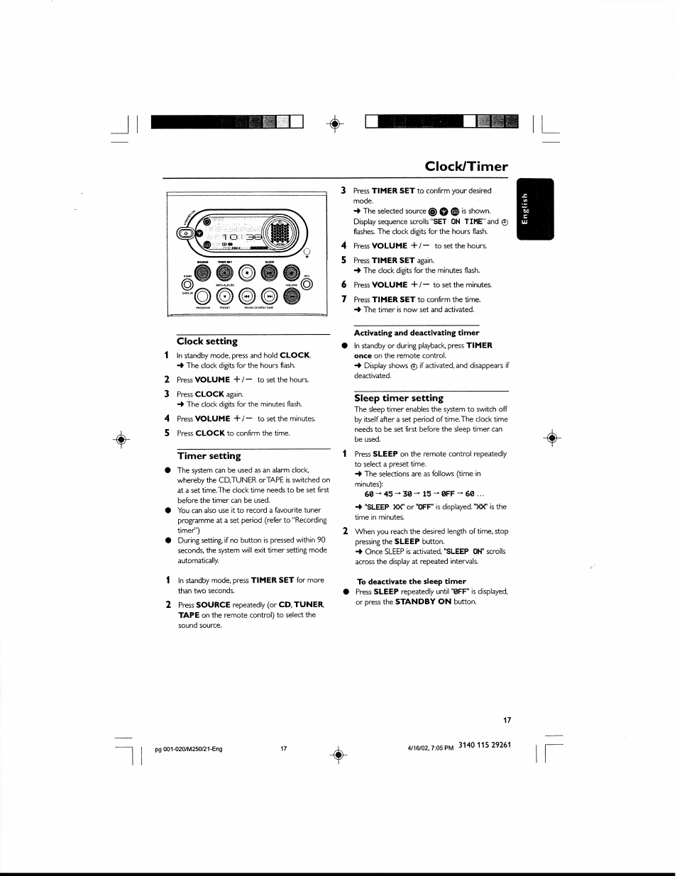 Clock setting, Timer setting, Sleep timer setting | Clockytimer | Philips MCM25037 User Manual | Page 17 / 20