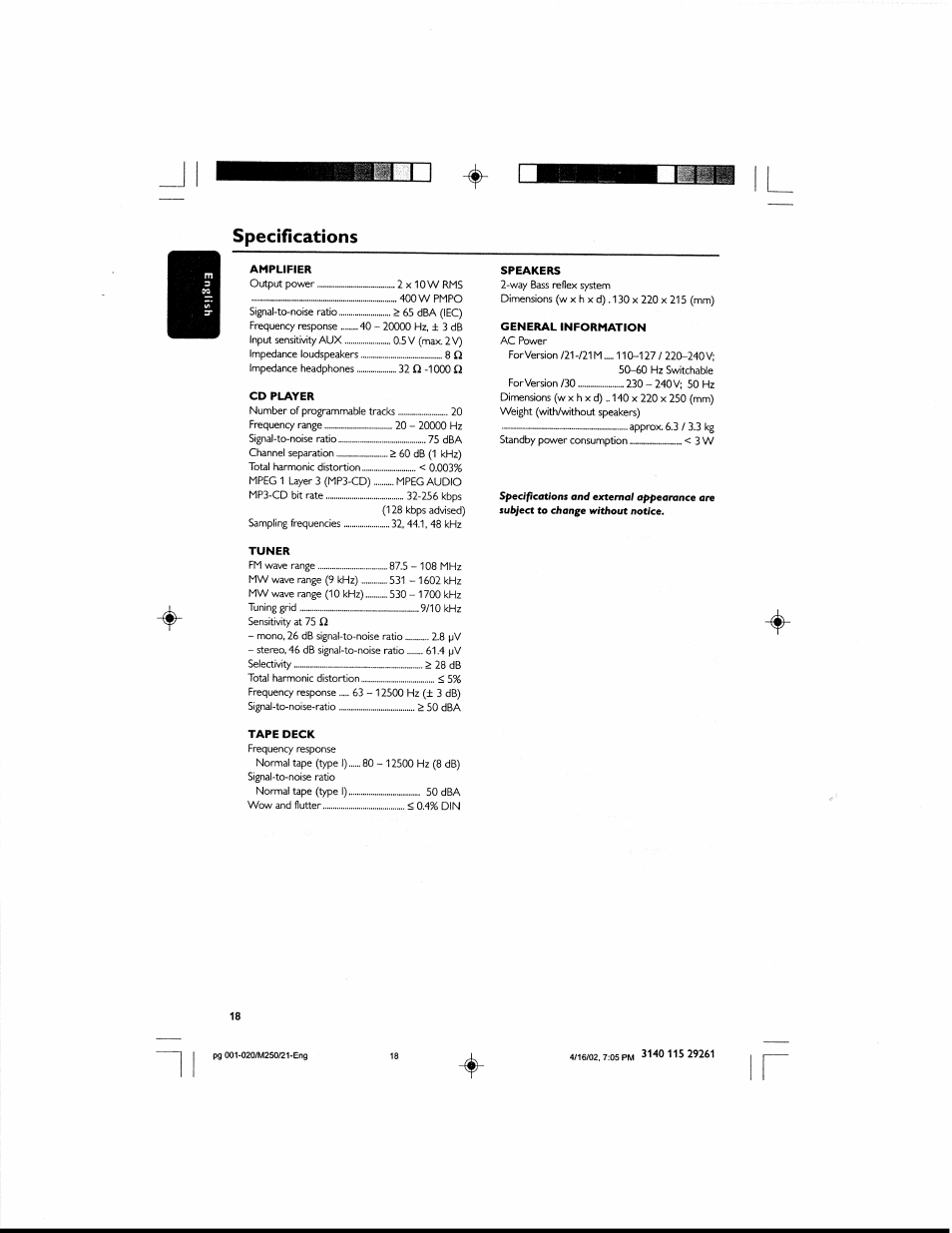 Specifications | Philips MCM25037 User Manual | Page 18 / 20