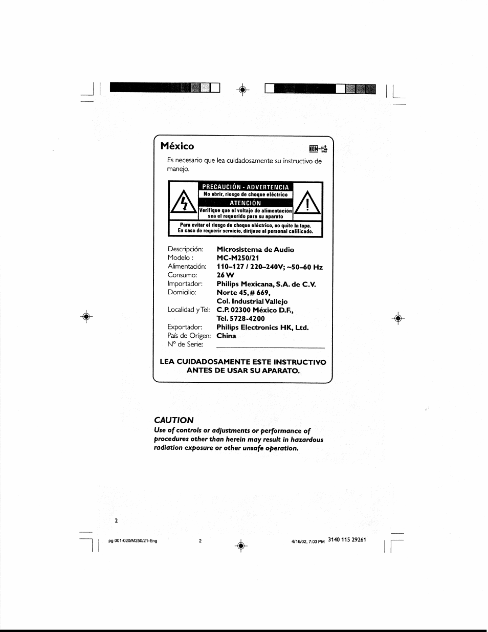 México ¡i-g, Caution | Philips MCM25037 User Manual | Page 2 / 20