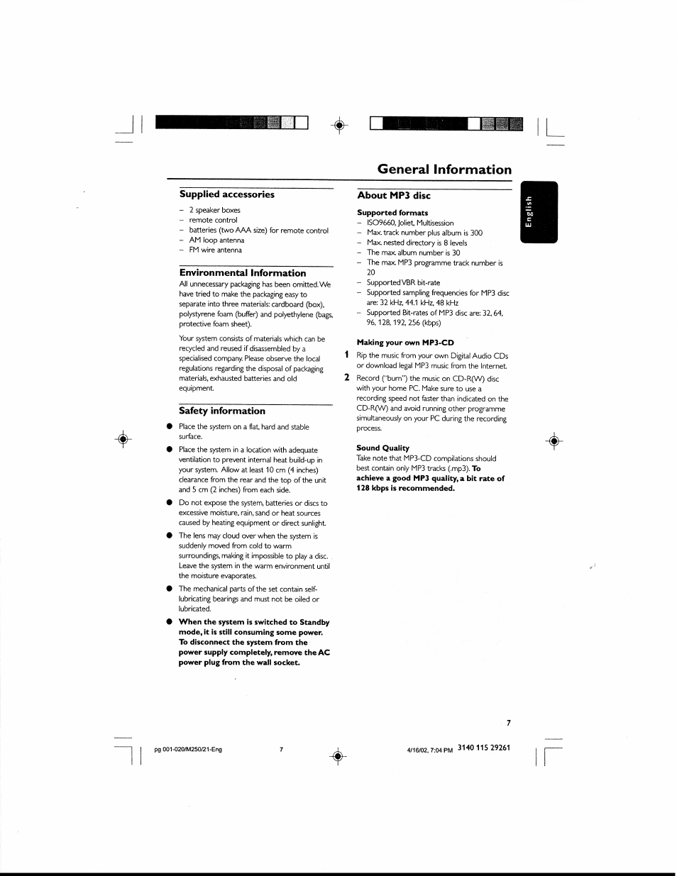 Supplied accessories, Environmental information, Safety information | About mp3 disc, General information | Philips MCM25037 User Manual | Page 7 / 20