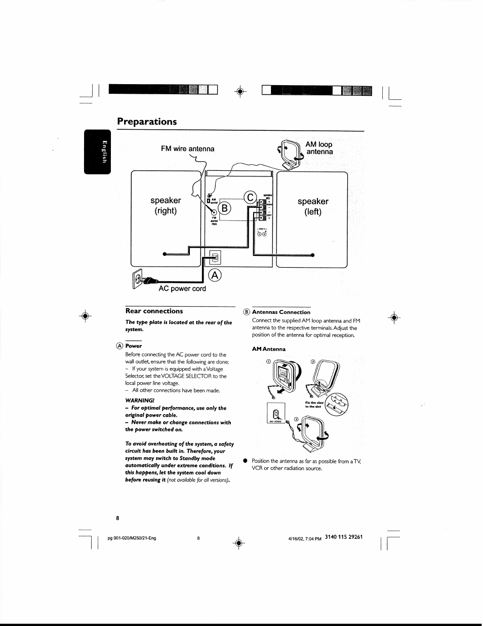 Preparations, Rear connections | Philips MCM25037 User Manual | Page 8 / 20