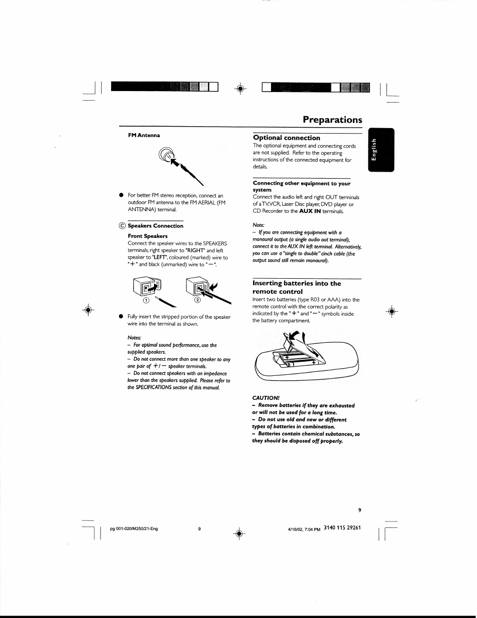 Preparations, Optional connection, Inserting batteries into the remote control | Philips MCM25037 User Manual | Page 9 / 20