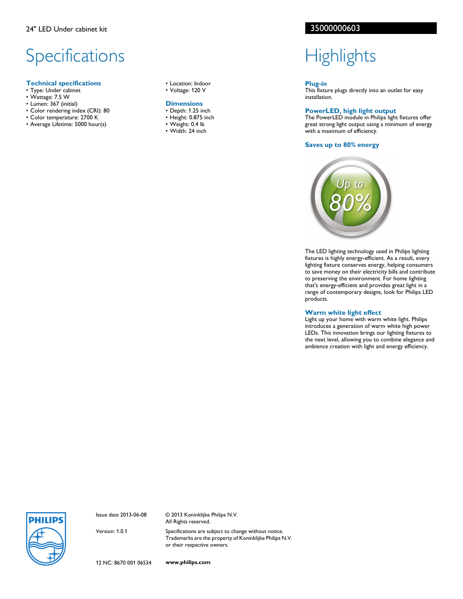 Specifications, Highlights | Philips 35000000603 User Manual | Page 2 / 2