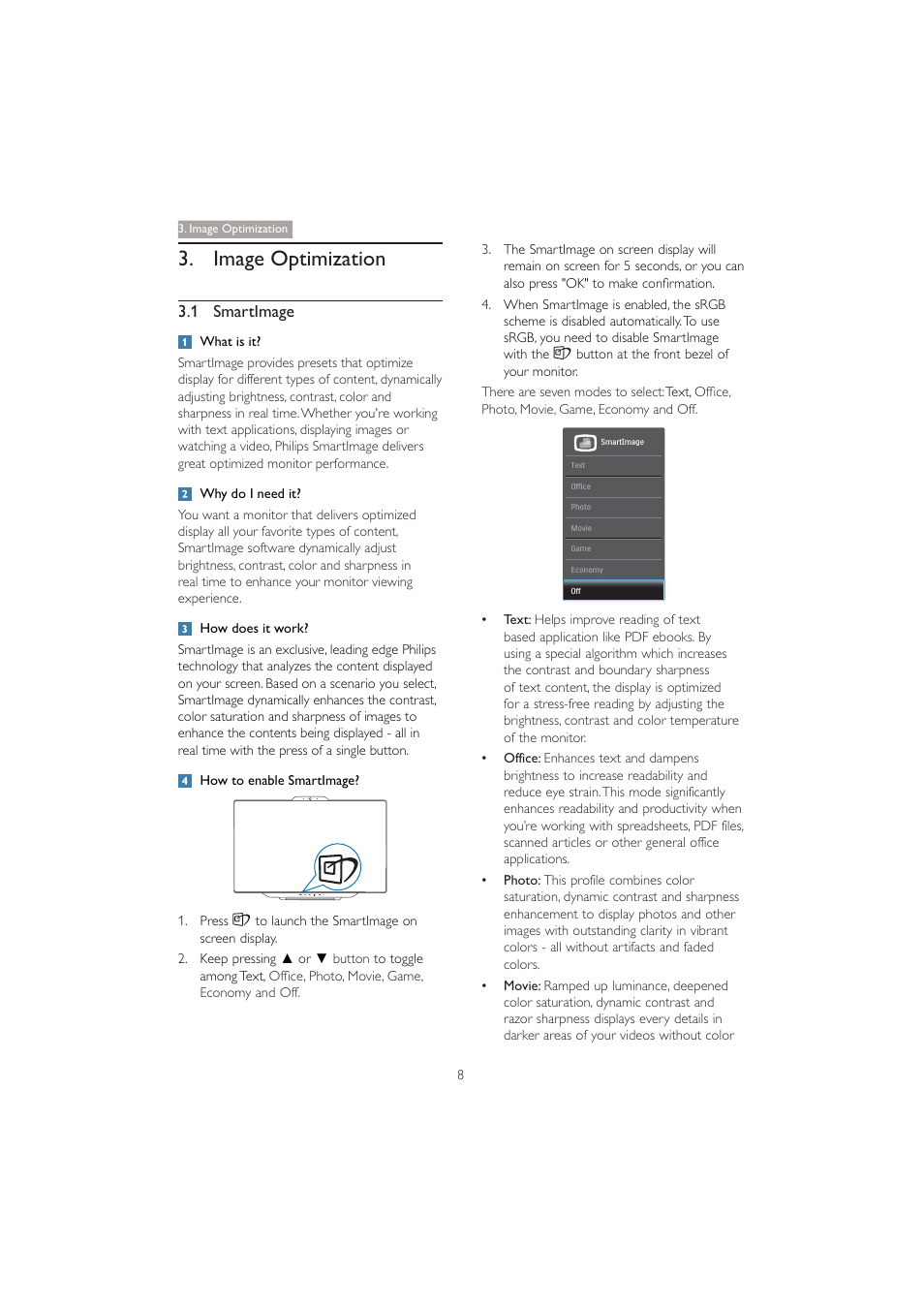 Image optimization, 1 smartimage | Philips 231C5TJKFU-27 User Manual | Page 10 / 41