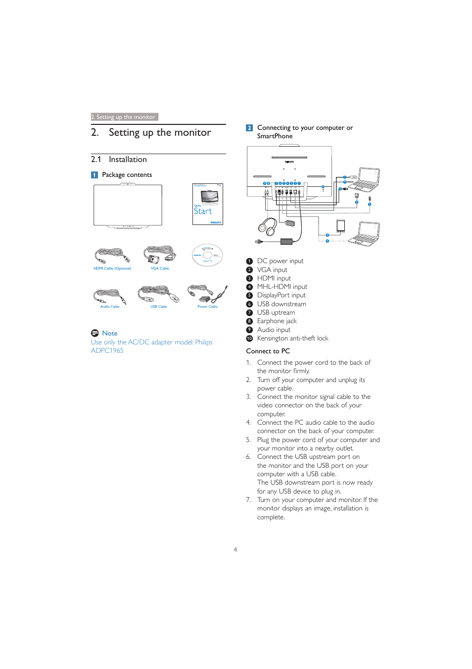 Setting up the monitor, 1 installation | Philips 231C5TJKFU-27 User Manual | Page 6 / 41