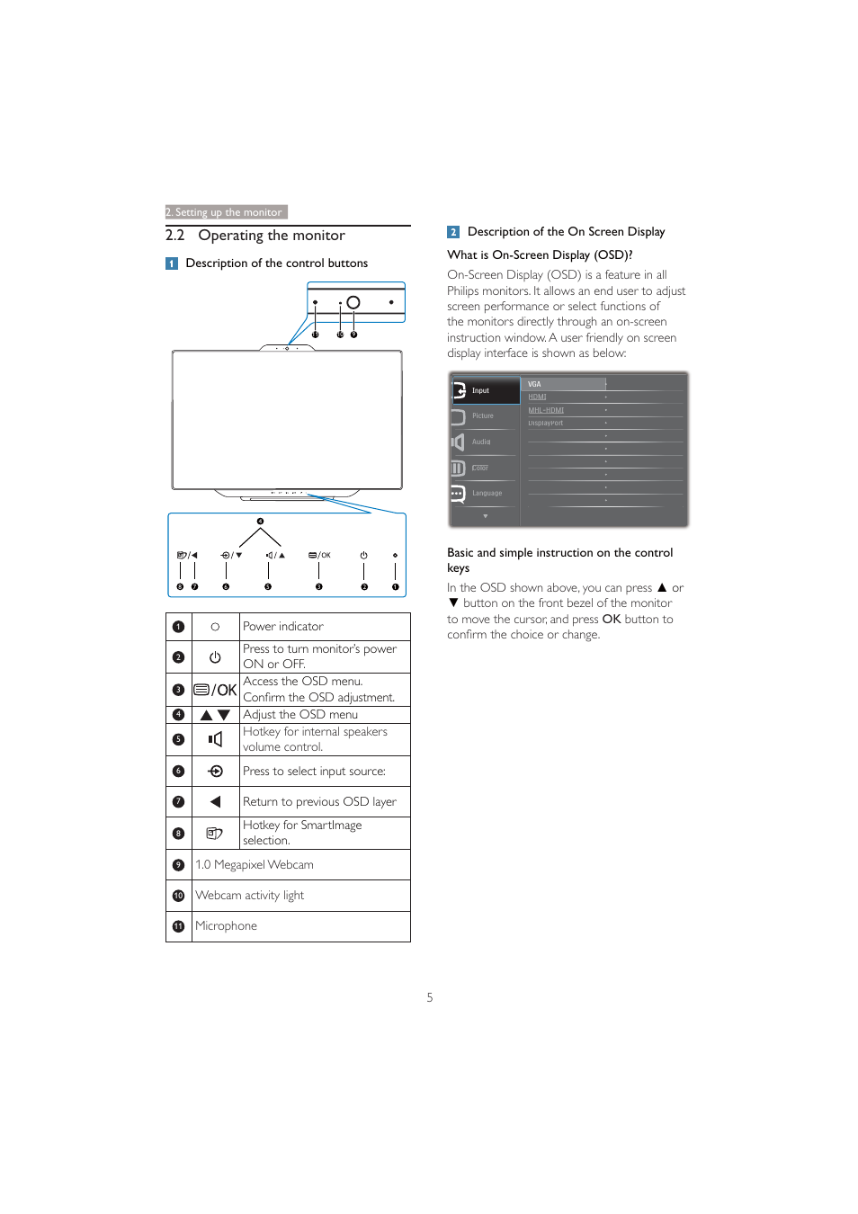 2 operating the monitor, Description of the control buttons, Power indicator | Press to turn monitor’s power on or off, Access the osd menu. &rqàup wkh 26' dgmxvwphqw, Adjust the osd menu, Hotkey for internal speakers volume control, Press to select input source, Return to previous osd layer, Hotkey for smartimage selection | Philips 231C5TJKFU-27 User Manual | Page 7 / 41