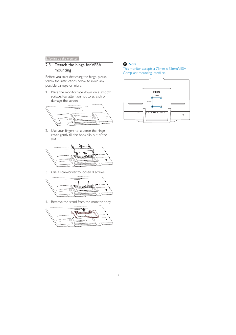 3 detach the hinge for vesa mounting | Philips 231C5TJKFU-27 User Manual | Page 9 / 41