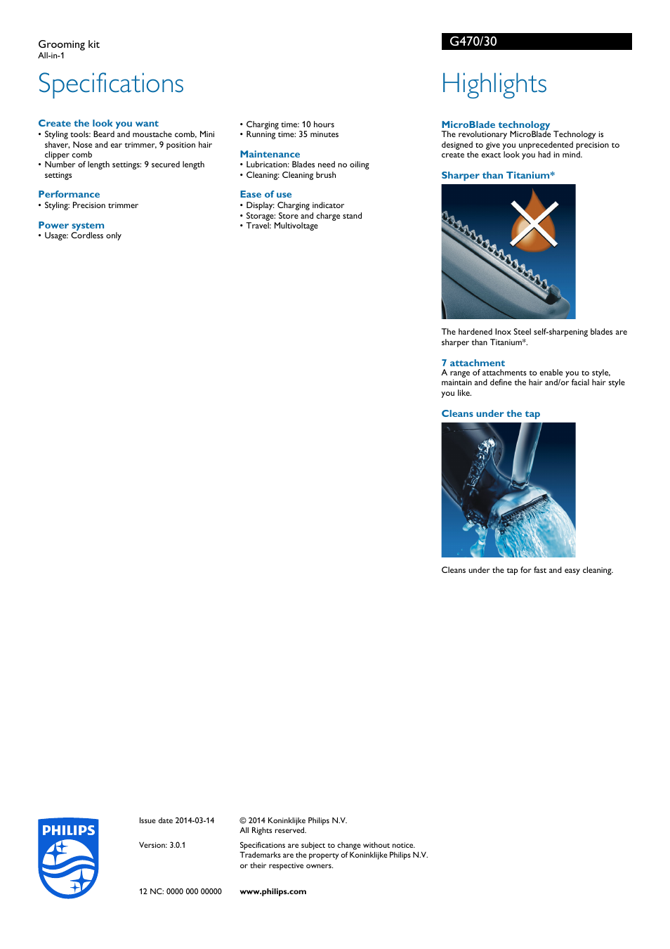 Specifications, Highlights | Philips G470-30 User Manual | Page 2 / 2
