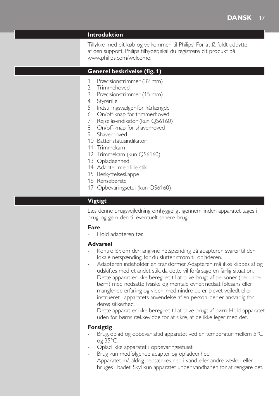 Dansk | Philips QS6140-41 User Manual | Page 17 / 158