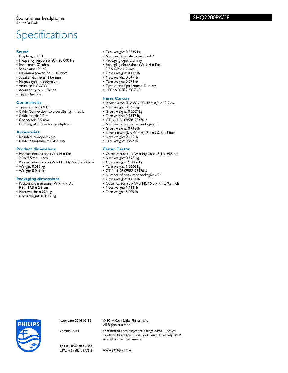 Specifications | Philips SHQ2200PK-28 User Manual | Page 3 / 3