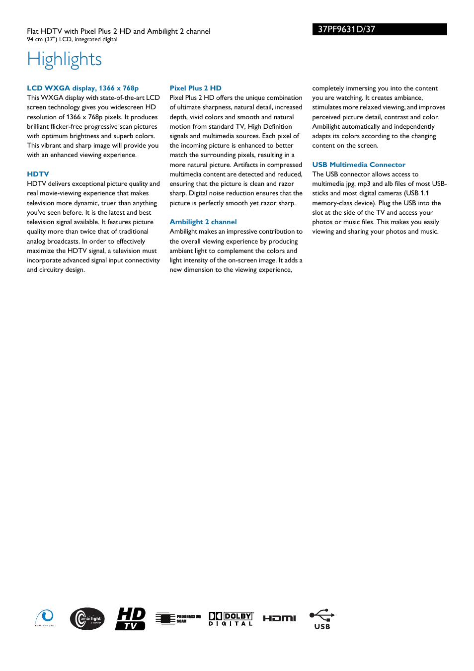 Highlights | Philips 37PF9631D-37B User Manual | Page 2 / 3