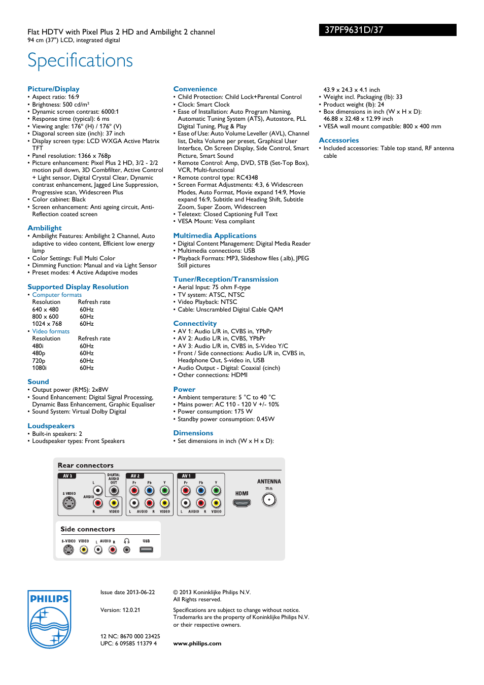 Specifications | Philips 37PF9631D-37B User Manual | Page 3 / 3