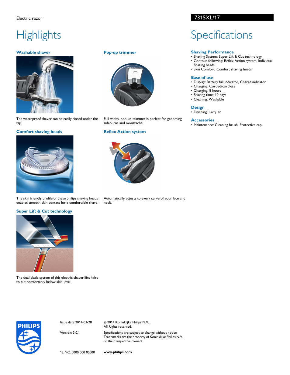 Highlights, Specifications | Philips 7315XL-17 User Manual | Page 2 / 2