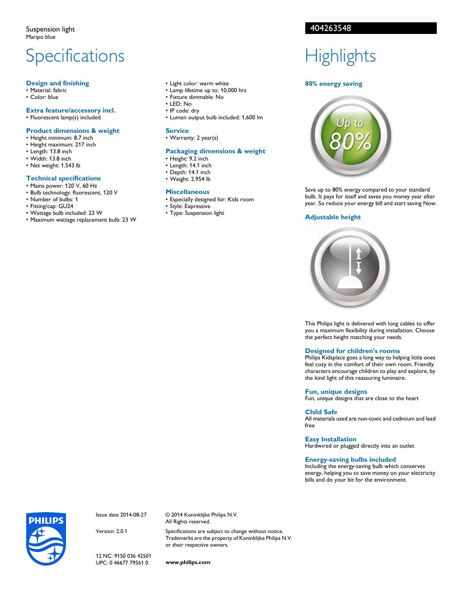 Specifications, Highlights | Philips 404263548 User Manual | Page 2 / 2