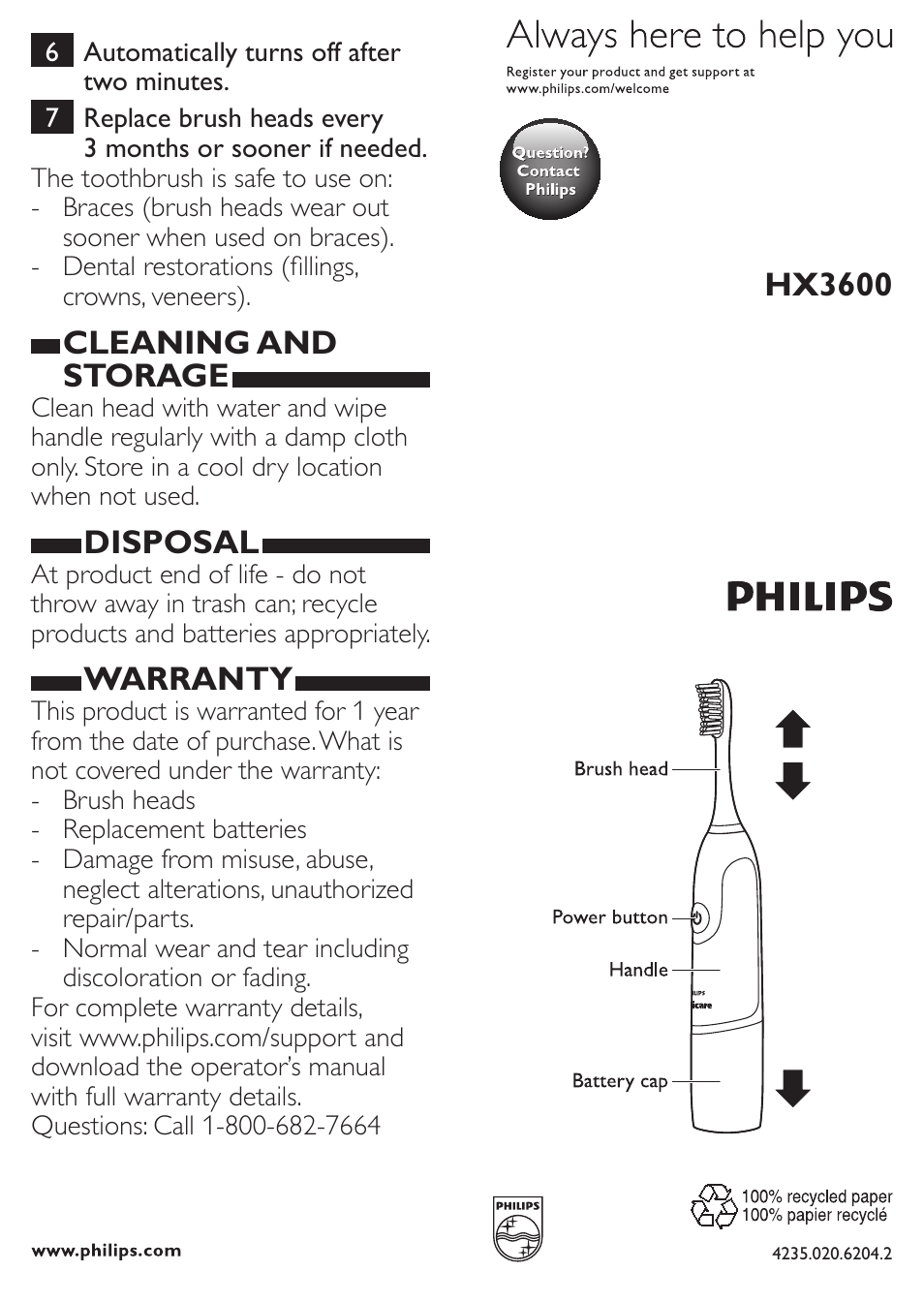 Philips Sonicare PowerUp Battery Sonicare toothbrush HX3631-03 1 mode 1 brush head User Manual | 2 pages