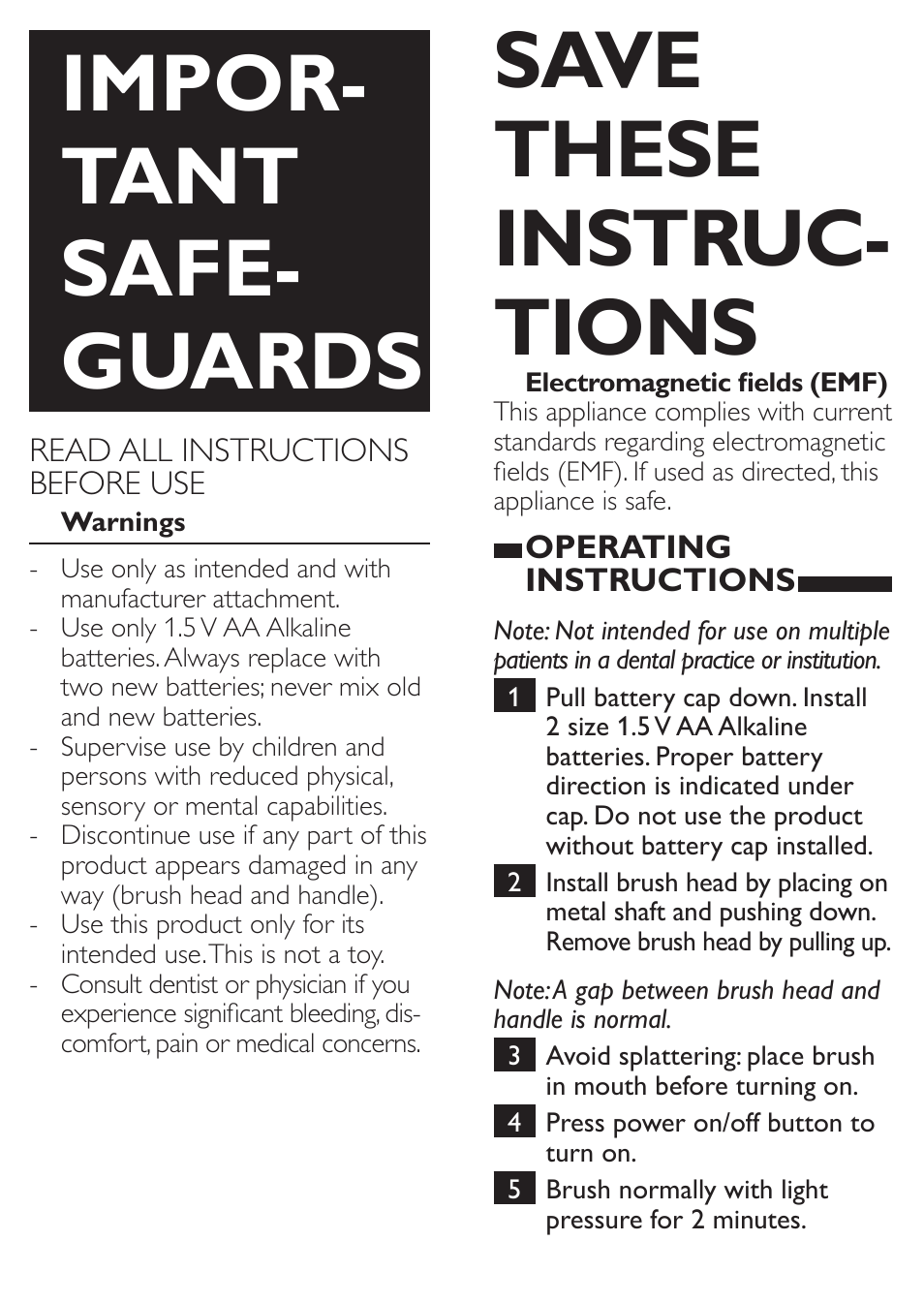 Impor- tant safe- guards, Save these instruc- tions | Philips Sonicare PowerUp Battery Sonicare toothbrush HX3631-03 1 mode 1 brush head User Manual | Page 2 / 2