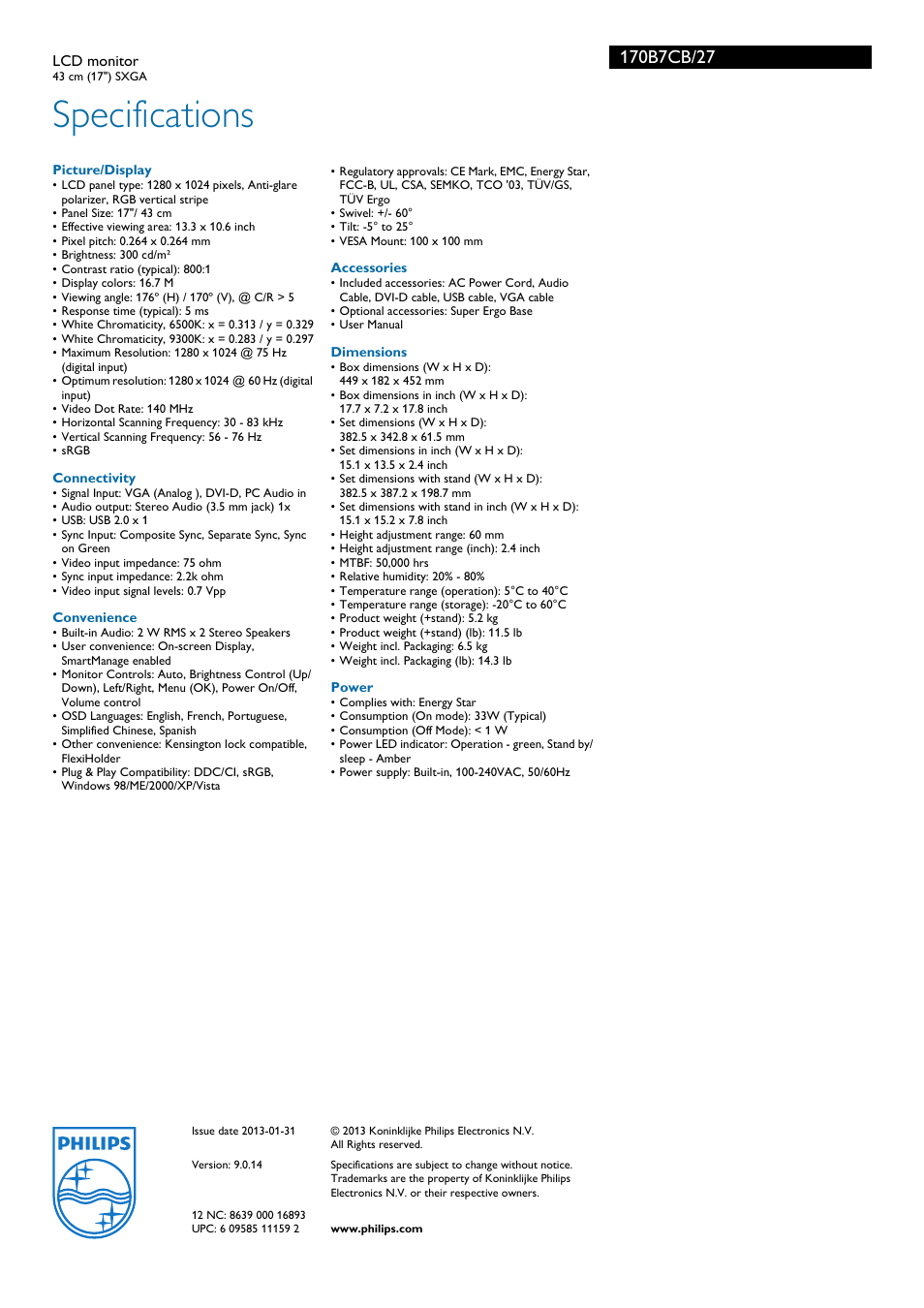 Specifications | Philips LCD monitor 170B7CB 17" SXGA User Manual | Page 3 / 3