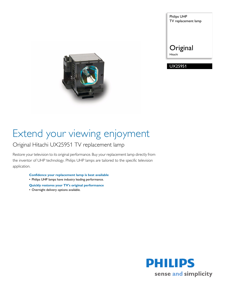 Philips UHP TV replacement lamp UX25951 Original Hitachi User Manual | 2 pages