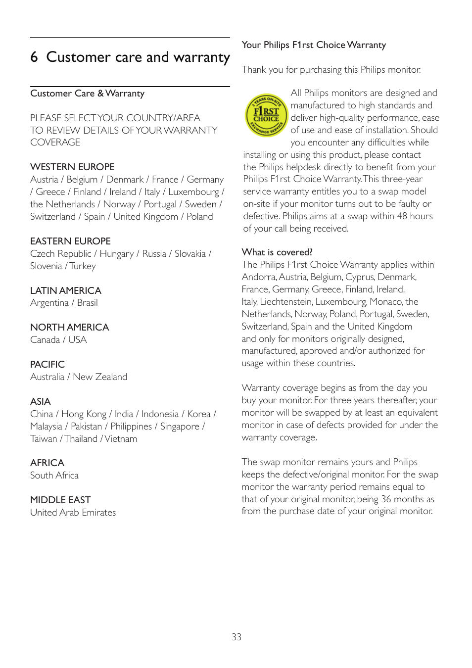 6 customer care and warranty | Philips 220B2CS-00 User Manual | Page 35 / 54