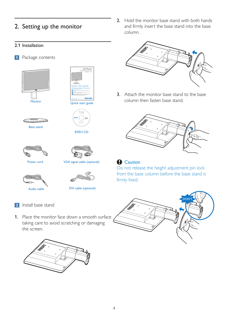 Setting up the monitor, 1 installation package contents | Philips 220B2CS-00 User Manual | Page 6 / 54